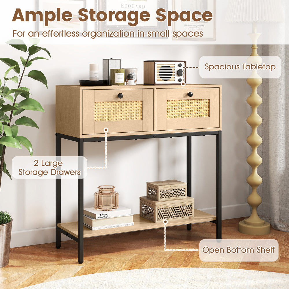 Rattan console table with two large drawers and open shelf, perfect for boho entryways and small space organization.