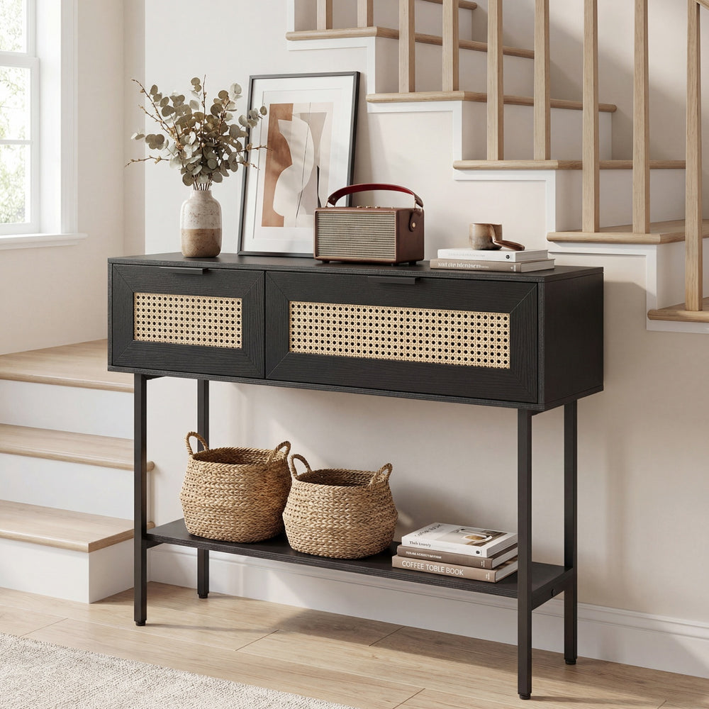 Rattan Console Table with 2 Storage Cabinets Shelf Carbon Steel Frame-Black - Gallery View 1 of 11