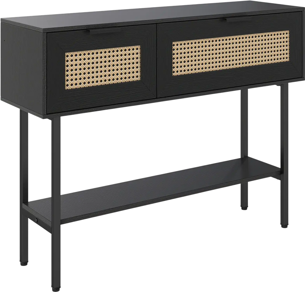 Rattan console table with 2 storage cabinets and open shelf, featuring a black carbon steel frame for stability.