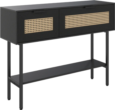 Costway Rattan Console Table w/ 2 Storage Cabinets Shelf Carbon Steel Frame 63899262 New