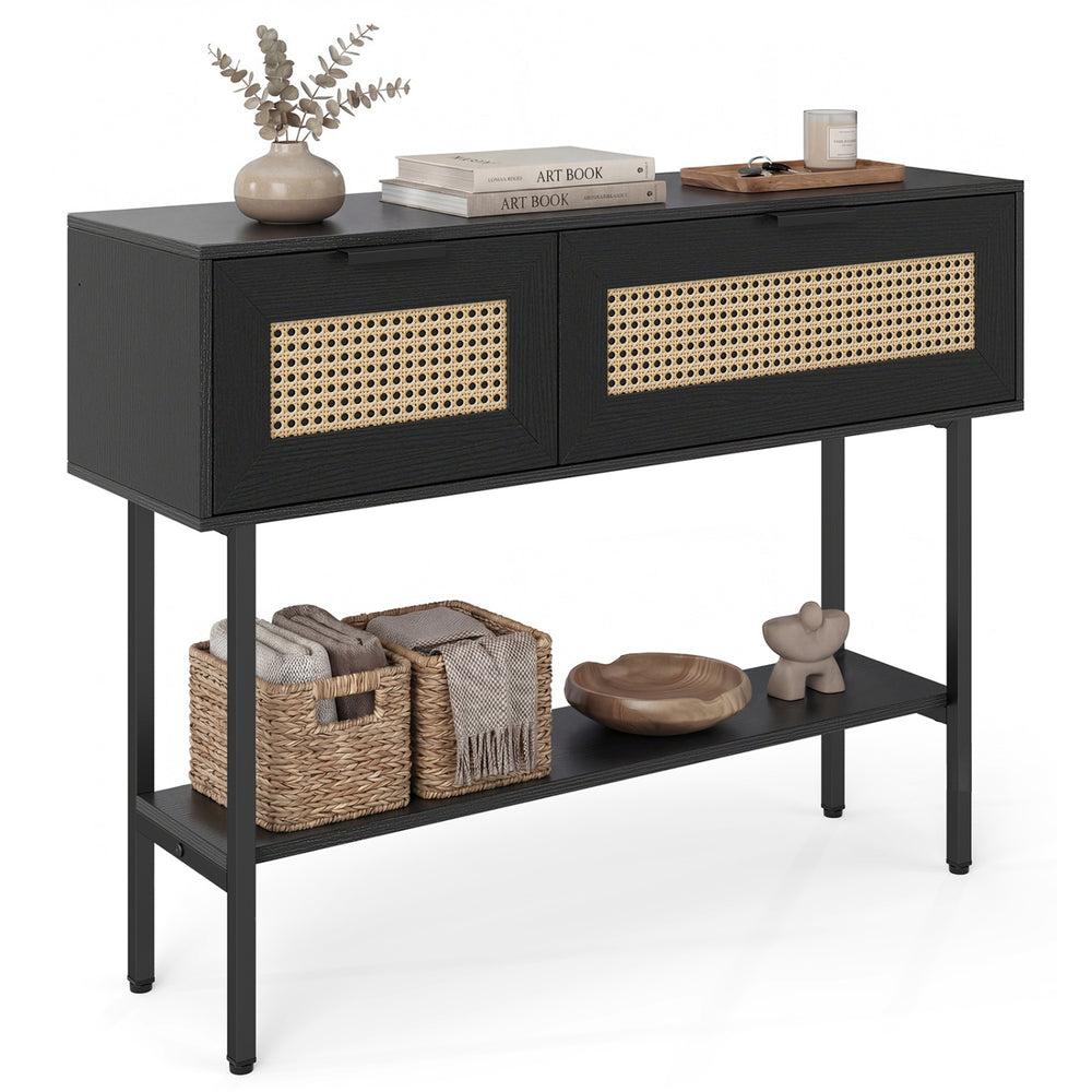 Rattan console table showcasing premium PE rattan texture and sleek black carbon steel frame for modern decor.