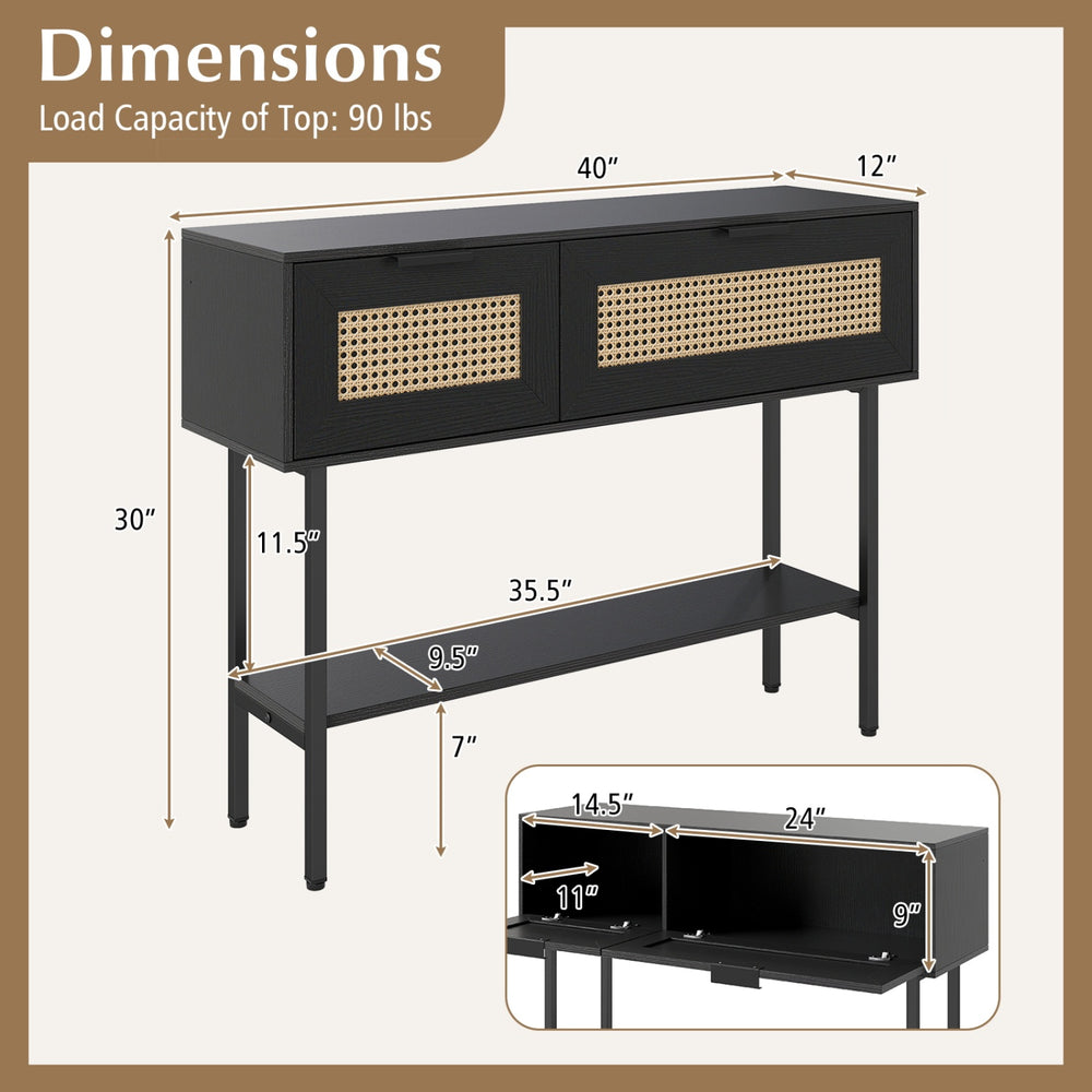Detailed dimension chart for the Rattan Console Table, highlighting the 40" width and 90 lbs load capacity for.