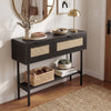 Rattan console table with a black carbon steel frame, featuring splinter-free surfaces and adjustable foot pads for.