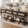 Rattan console table in black with 2 storage cabinets and open shelf, featuring a carbon steel frame for stability.