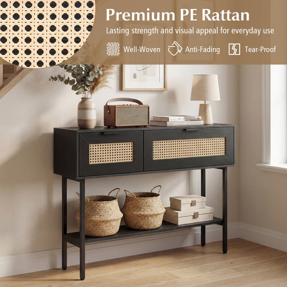 Rattan console table with 2 storage cabinets, black carbon steel frame, ideal for stylish organization in any space.