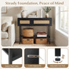 Rattan console table with black carbon steel frame, featuring 2 storage cabinets and an open shelf for organization.