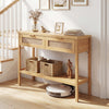 Rattan console table with two drawers and a bottom shelf, featuring a natural finish for stylish storage solutions.