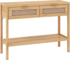 Natural rattan console table with two drawers and bottom shelf, ideal for decorative display and hidden storage.