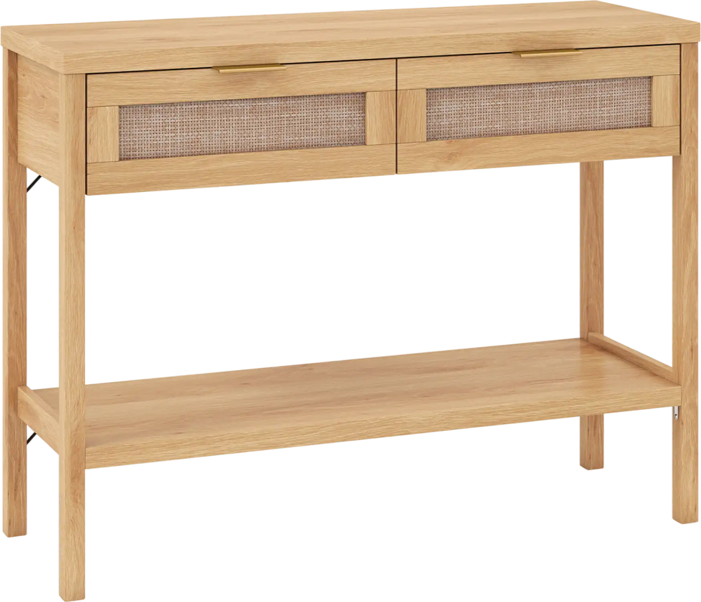 Natural rattan console table with two drawers and bottom shelf, ideal for decorative display and hidden storage.