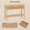 Rattan console table with two drawers and bottom shelf, featuring a natural finish and reinforced metal frame for.