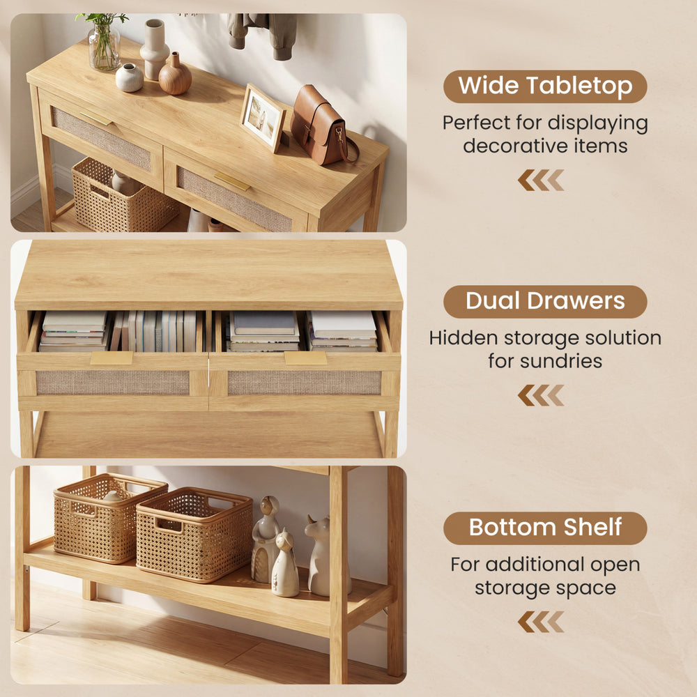 Rattan console table with wide tabletop, dual drawers, and bottom shelf for stylish and functional storage solutions.