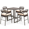 5-piece brown rattan counter set with 4 stools and polywood bar table, featuring breathable material and thick armrests.
