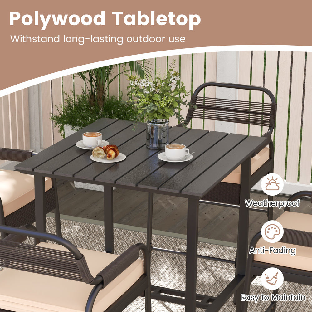 Brown polywood bar table from a 5-piece rattan counter set, designed for weatherproof outdoor use and easy maintenance.