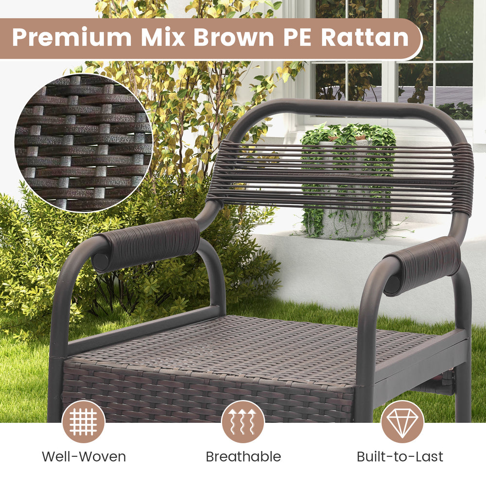 Close-up of the breathable brown PE rattan seat with thick armrests, designed for comfort and durability in outdoor.