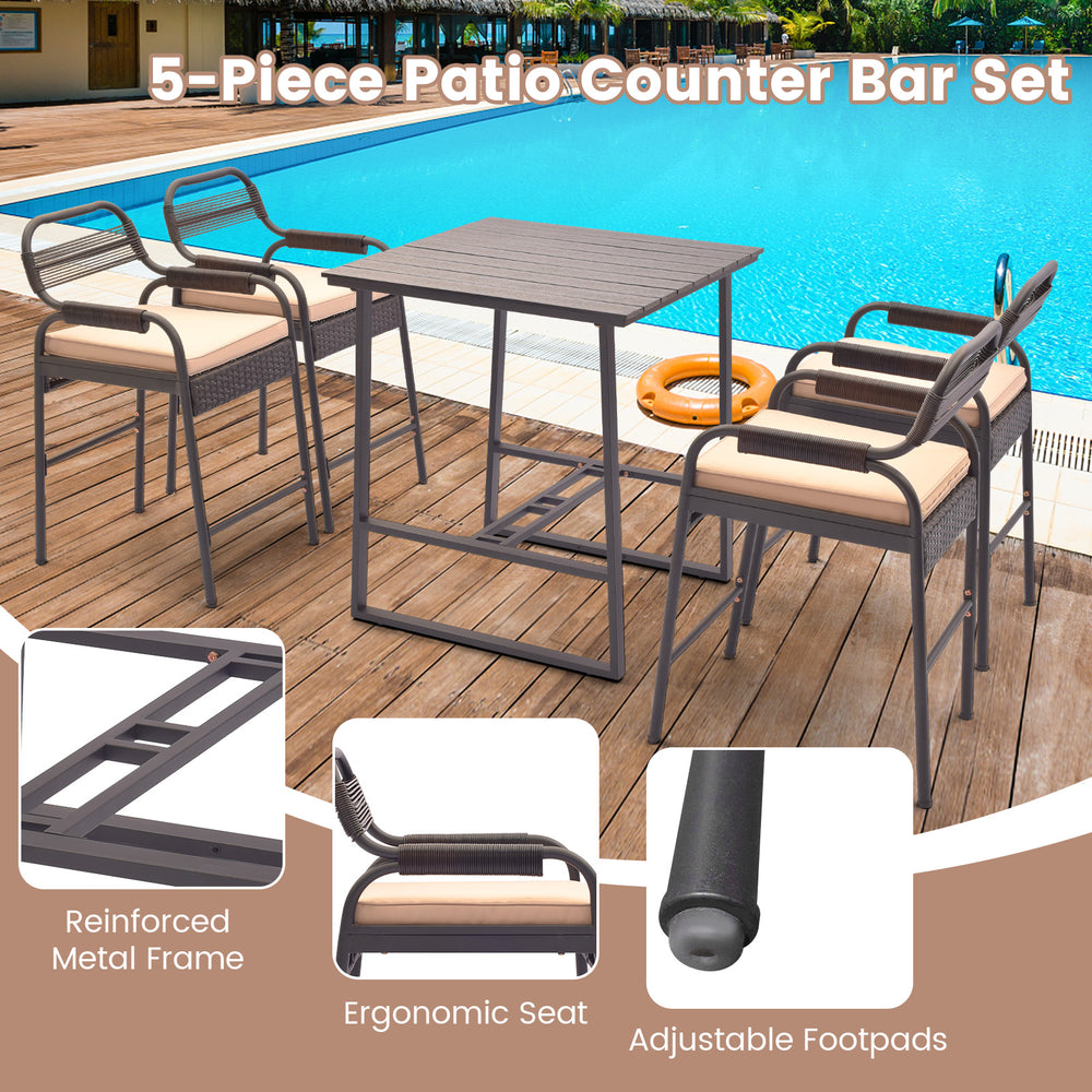 5-piece patio counter set featuring a polywood table and 4 ergonomic stools with breathable PE rattan for outdoor use.