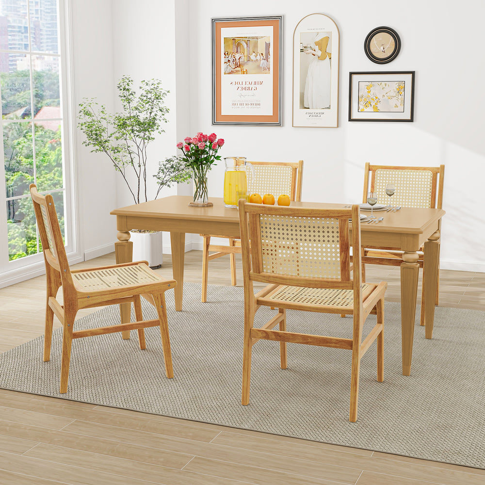 Rattan dining chair with natural cane backrest and teak wood frame, offering stability and comfort in a stylish setting.