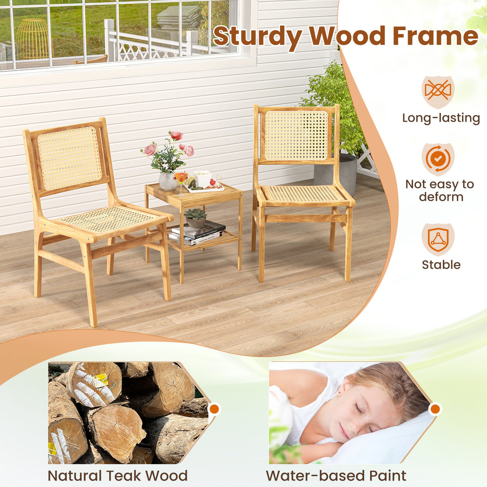 Rattan dining chair with natural cane backrest and sturdy teak wood frame, ideal for versatile decor and comfort.