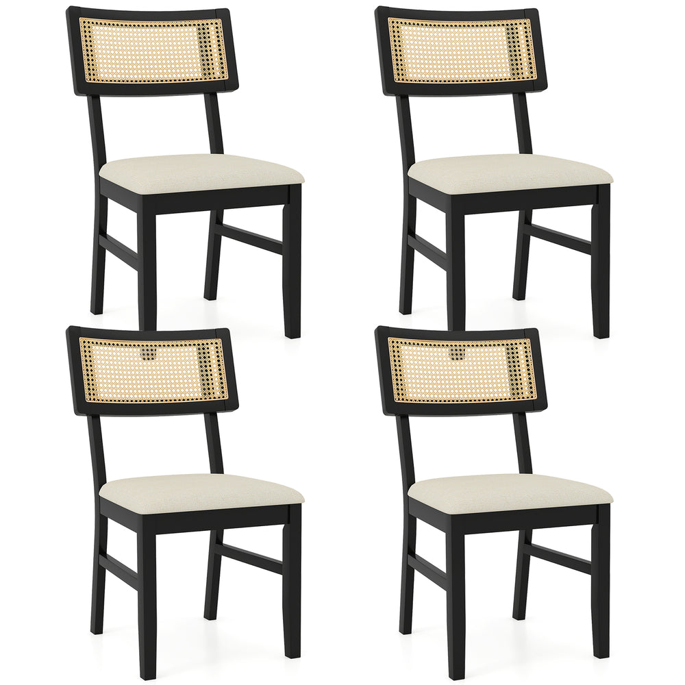 Set of 4 black rattan dining chairs with padded seats and rubber wood legs, ideal for kitchen or dining room use.