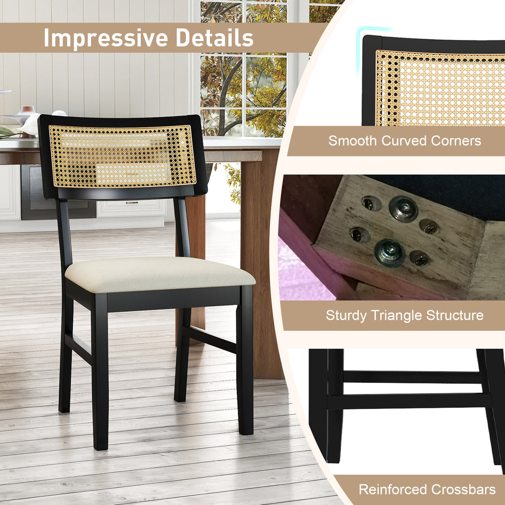 Rattan dining chair with padded seat, rubber wood legs, and breathable backrest, ideal for kitchen dining.