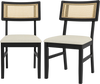 Set of 2 black rattan dining chairs with padded seats and rubber wood legs, featuring a breathable woven backrest.