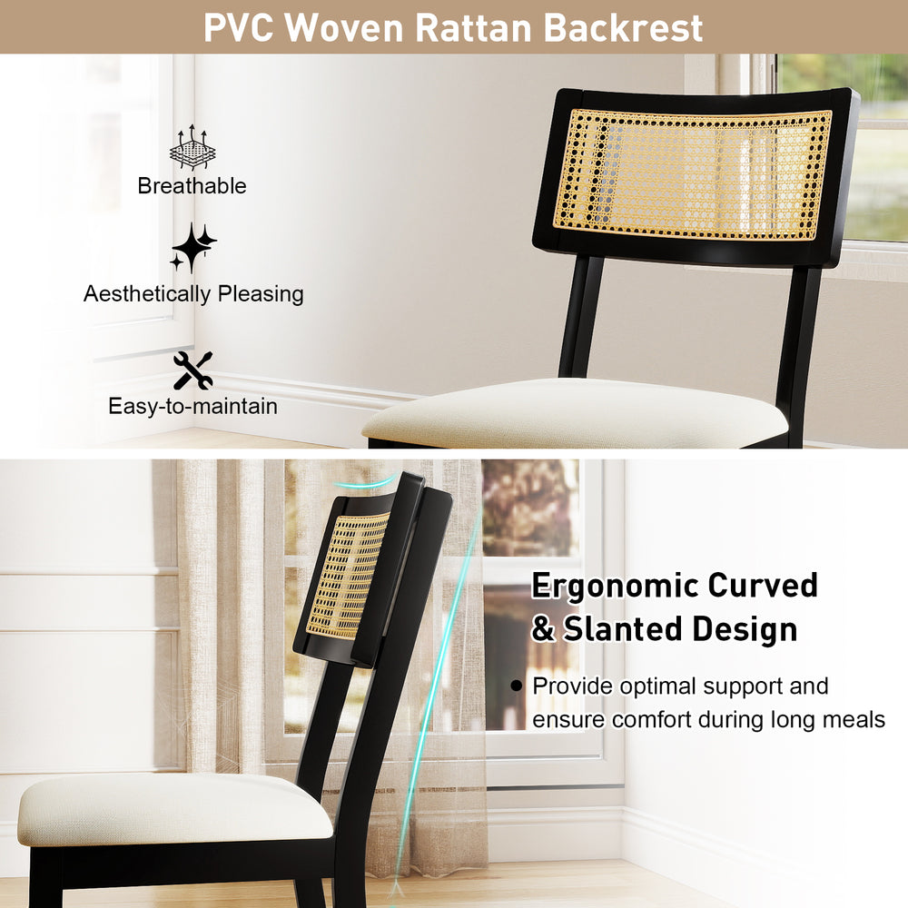 Rattan dining chair backrest with breathable PVC weave, featuring ergonomic slanted design for optimal comfort during.
