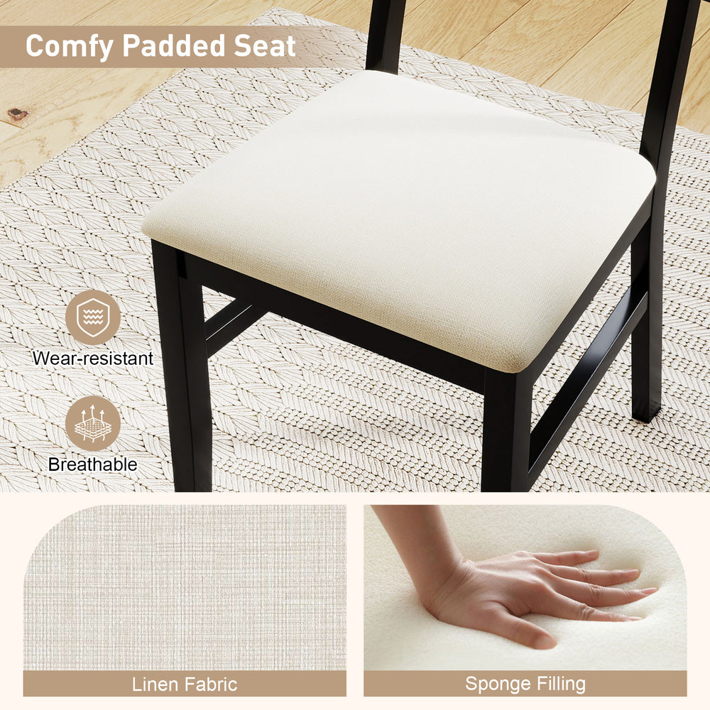 Comfy padded seat of a rattan dining chair set, featuring breathable linen fabric and rubber wood legs for kitchen use.