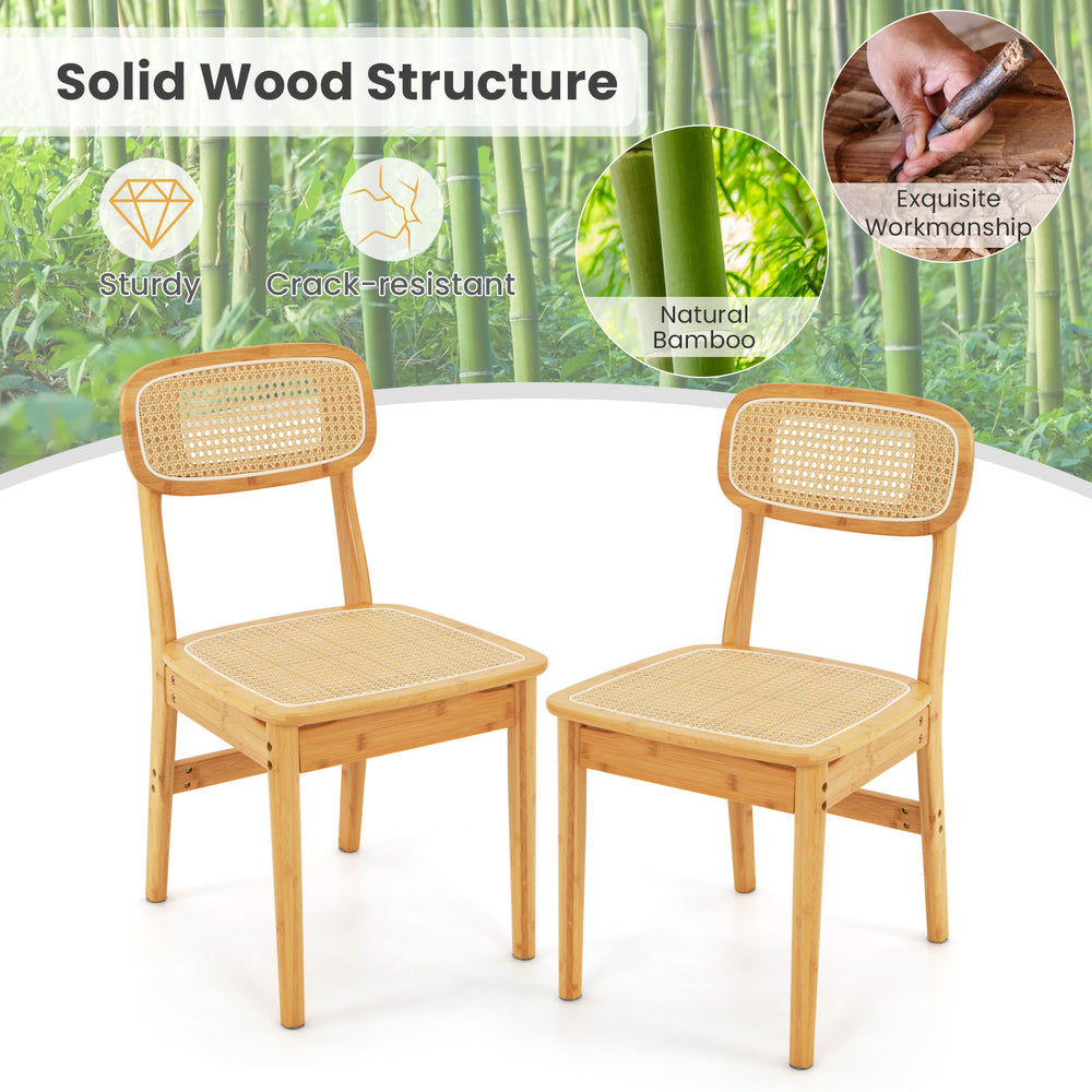 Set of 2 natural rattan dining chairs with sturdy wood structure and ergonomic backrest, ideal for dining room use.