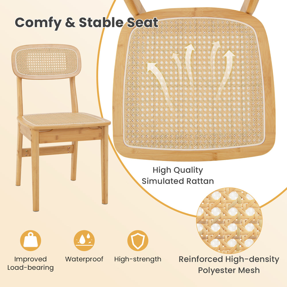 Natural rattan dining chair with ergonomic backrest and sturdy wood structure, perfect for living or dining rooms.
