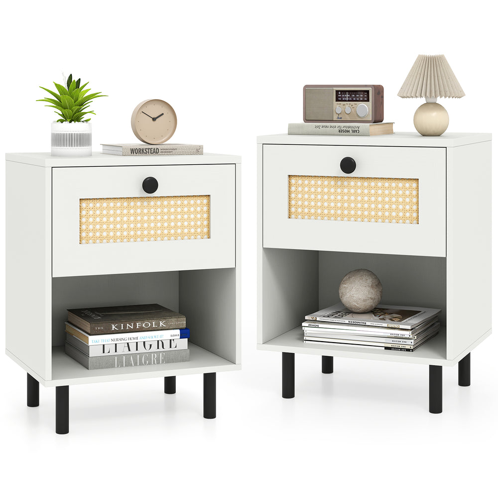 Rattan nightstand set of 2 in white with oak wood grain, featuring a drawer and open shelf for versatile storage.