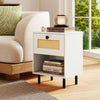 Rattan nightstand with oak wood grain, featuring a drawer and open shelf, ideal for bedroom or living room storage.