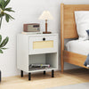 Rattan nightstand with open shelf and drawer, featuring oak wood grain and sturdy metal legs for bedroom storage.