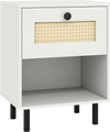Rattan nightstand in white with a rattan drawer and open shelf, ideal for bohemian-style bedroom or living room storage.