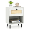 Rattan nightstand in white with a rattan drawer and open shelf, ideal for boho decor in living room or bedroom.