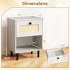 Rattan nightstand with open shelf and drawer, featuring oak wood grain and sturdy metal legs for stability.