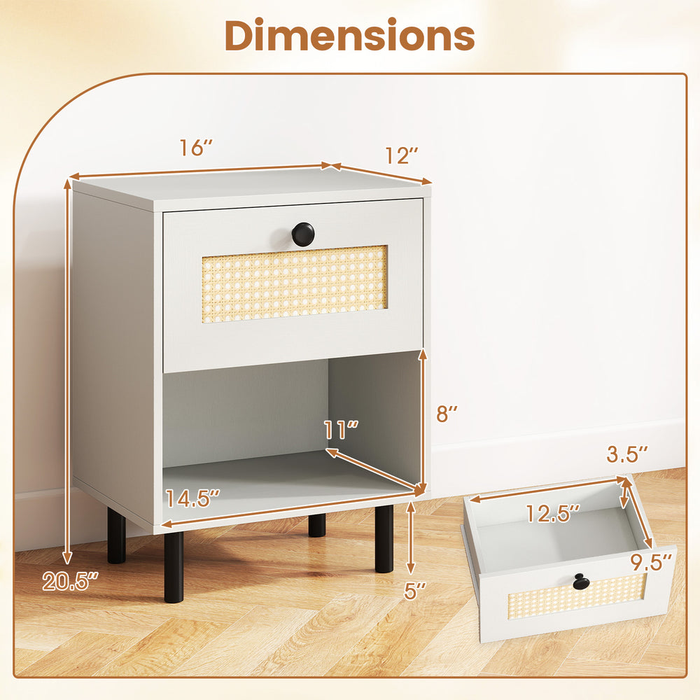 Rattan nightstand with open shelf and drawer, featuring oak wood grain and sturdy metal legs for stability.