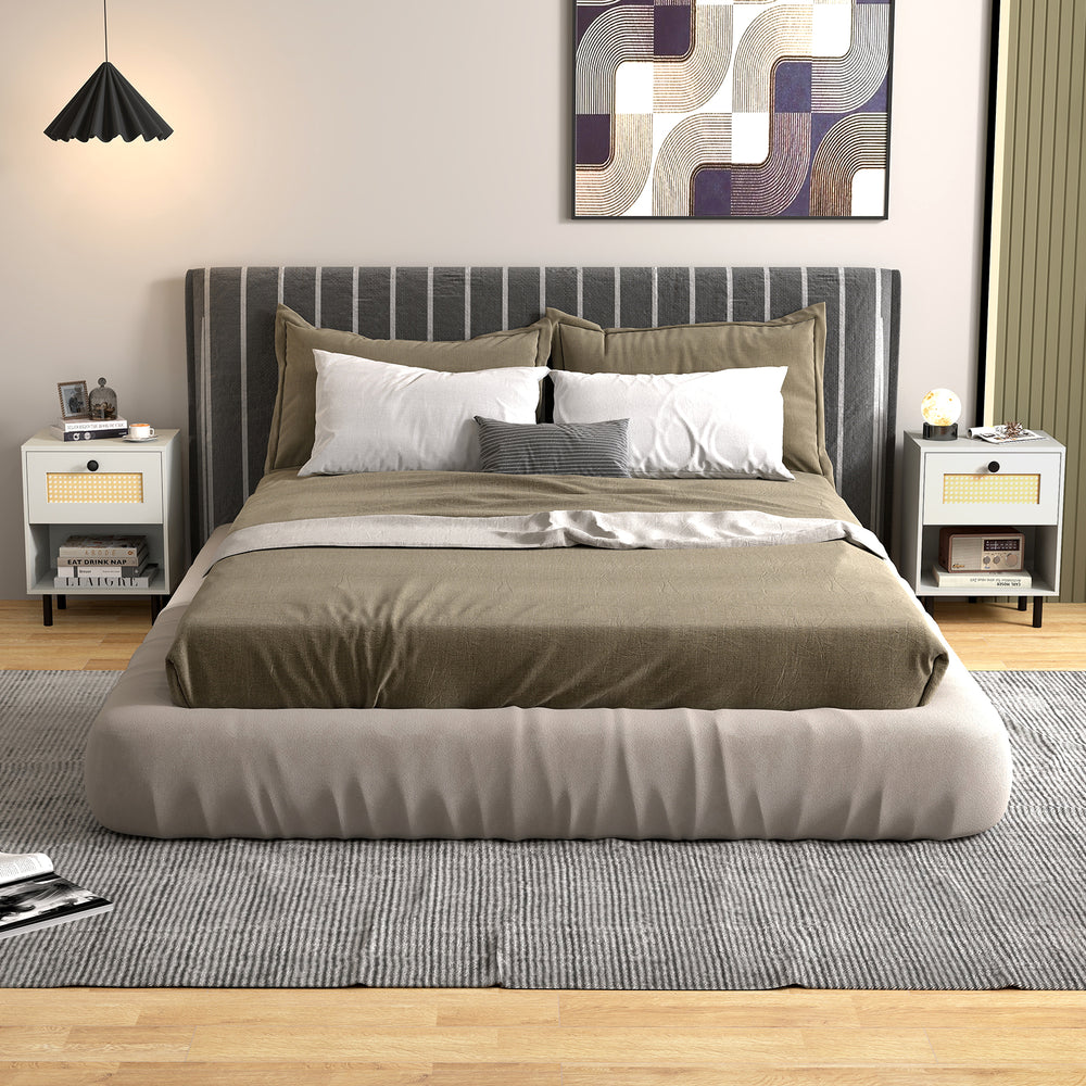 Rattan nightstand with oak wood grain, featuring a drawer and open shelf, perfect for bedroom or living room storage.