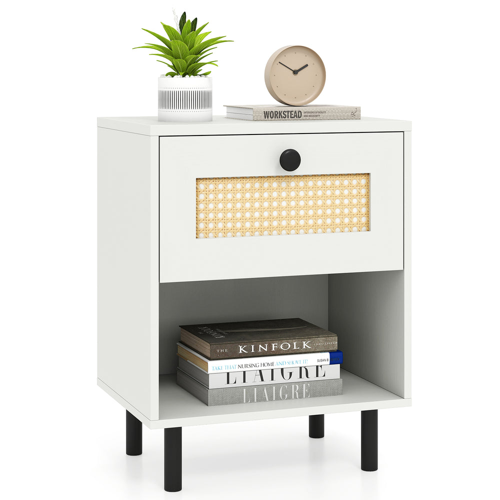 Rattan nightstand with oak wood grain, featuring a drawer and open shelf, perfect for bedroom or living room storage.