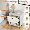 Rattan nightstand with open shelf and large drawer, featuring a white finish and sturdy metal legs for bedroom storage.