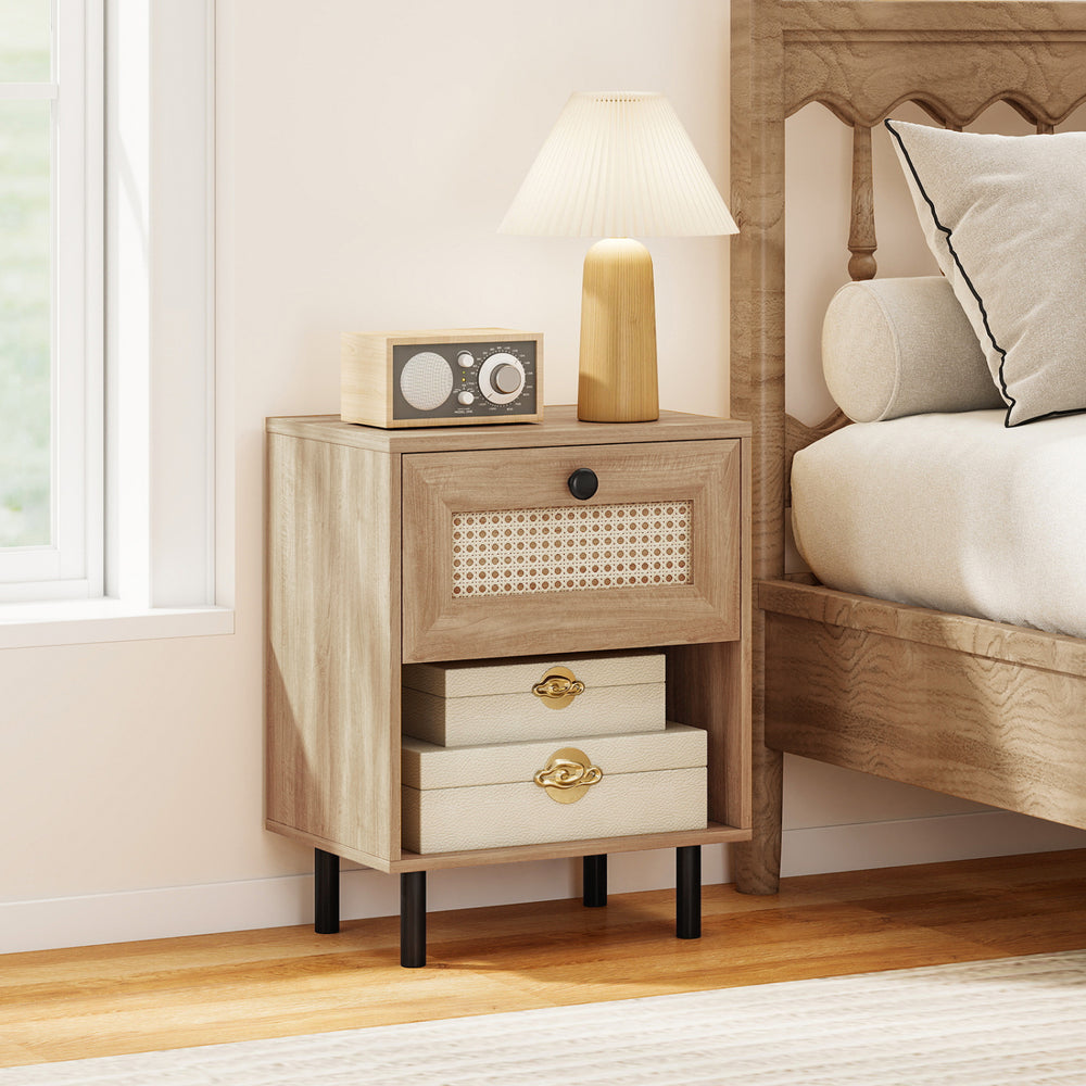 Rattan Nightstand Boho End Table with Rattan Drawer and Open Shelf Set of 2-Natural - Gallery View 1 of 9