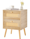 Rattan nightstand with two storage drawers in natural finish, perfect for bedside essentials and rustic decor.