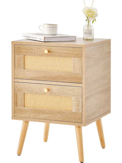 Costway Boho Rattan Nightstand Bedside Side Table 2 Drawers 93547821 New
