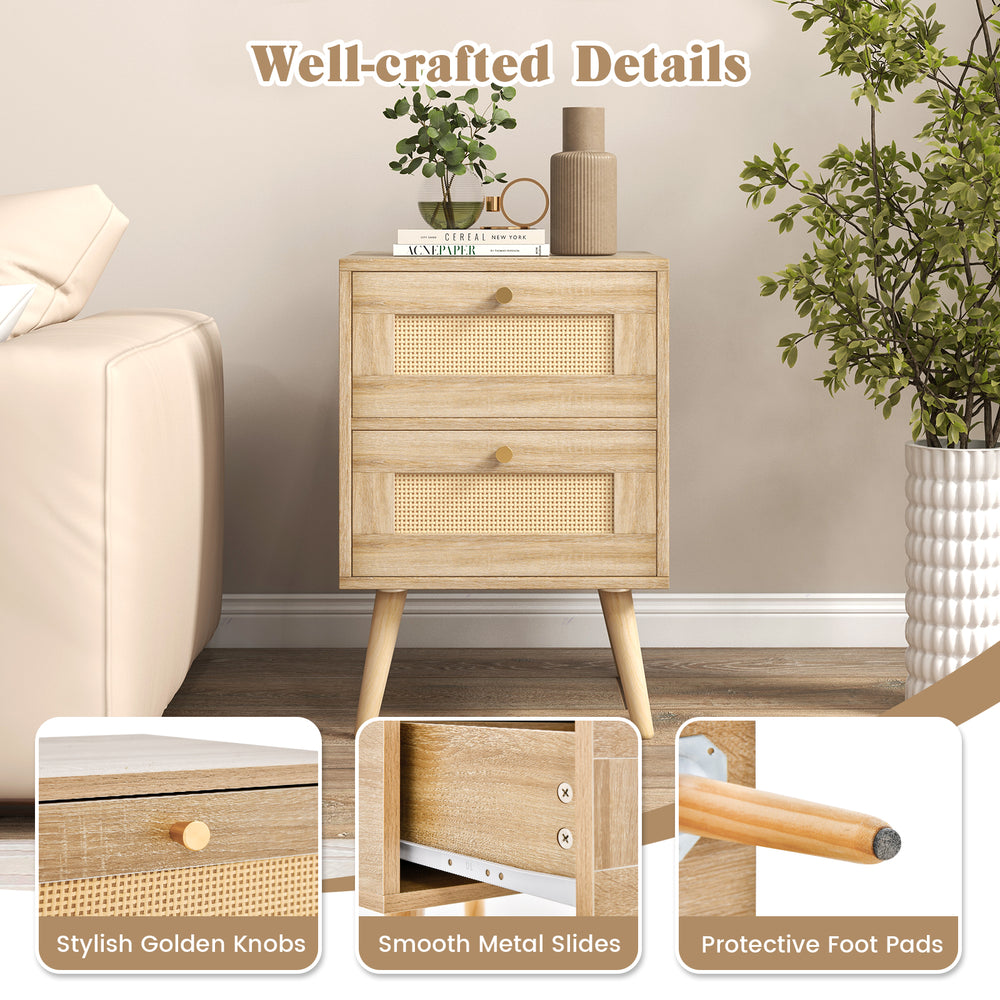 Rattan nightstand with two storage drawers, natural wood finish, stylish golden knobs, and protective foot pads for.