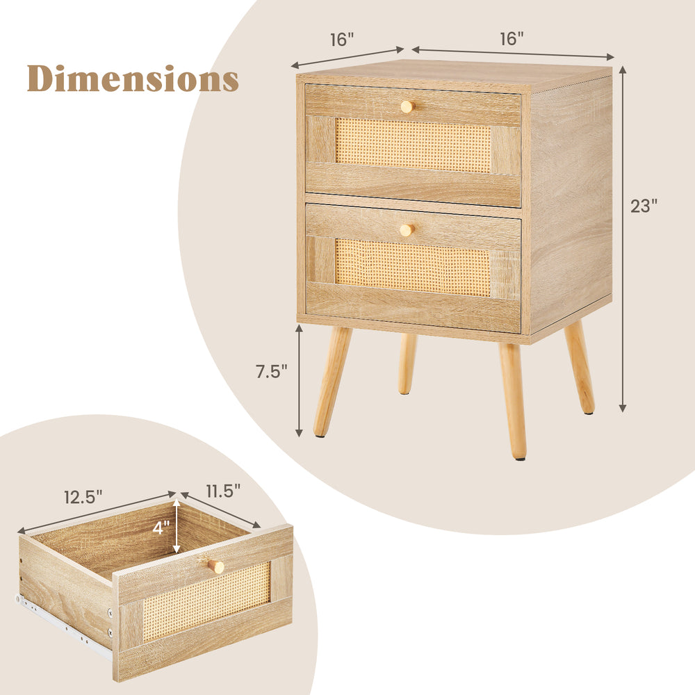 Rattan nightstand with two storage drawers in natural finish, featuring smooth wood grain and sturdy legs for stability.