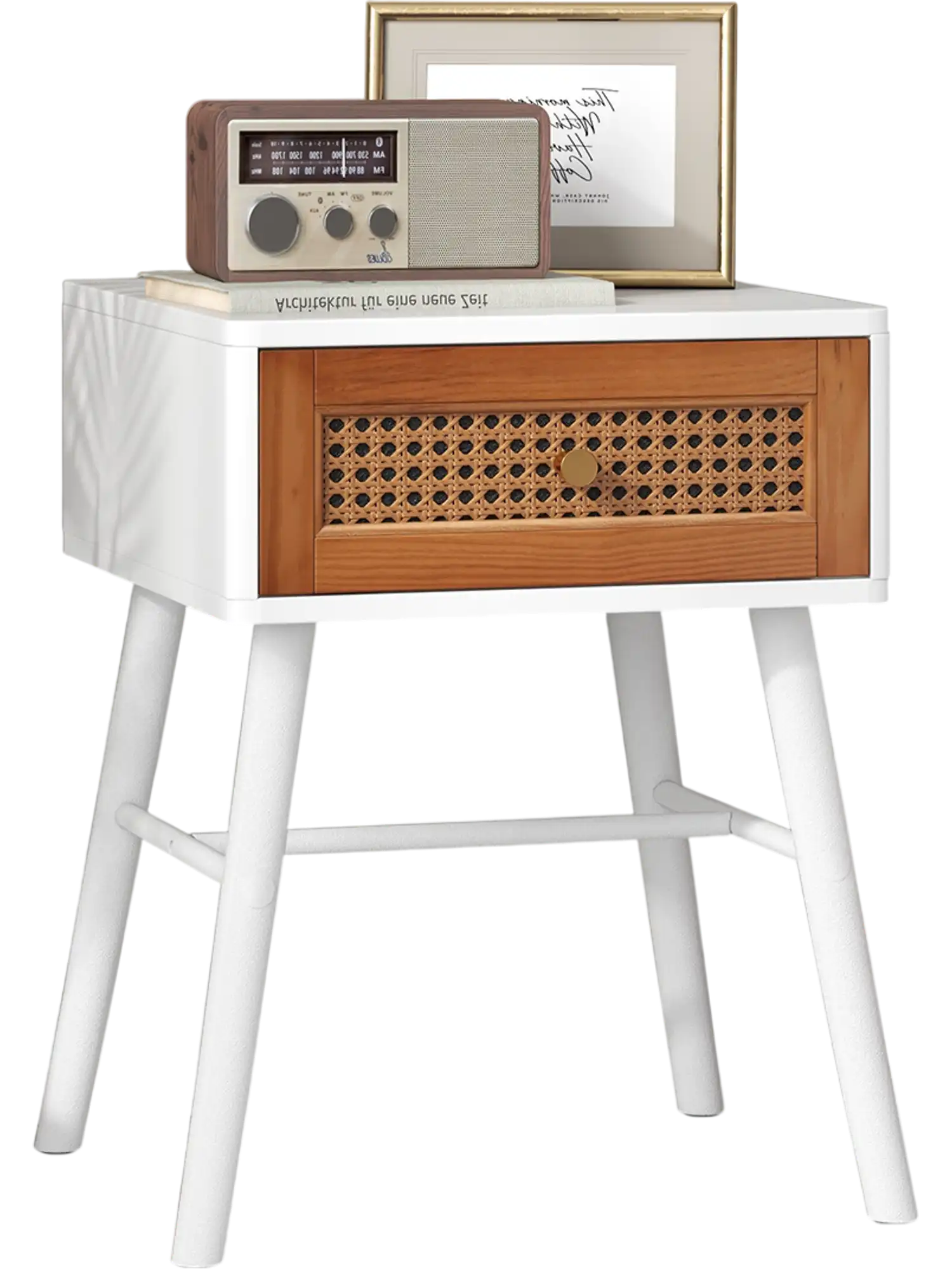 Costway Rattan Mid Century Modern Nightstand Accent Side Table with Drawer White 43517296 New