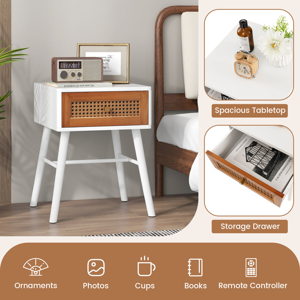 Rattan nightstand with spacious tabletop and pull-out drawer, featuring solid wood legs for reliable support.