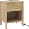 Rattan nightstand with charging station, oak finish, spacious drawer, and open shelf for organized bedroom storage.