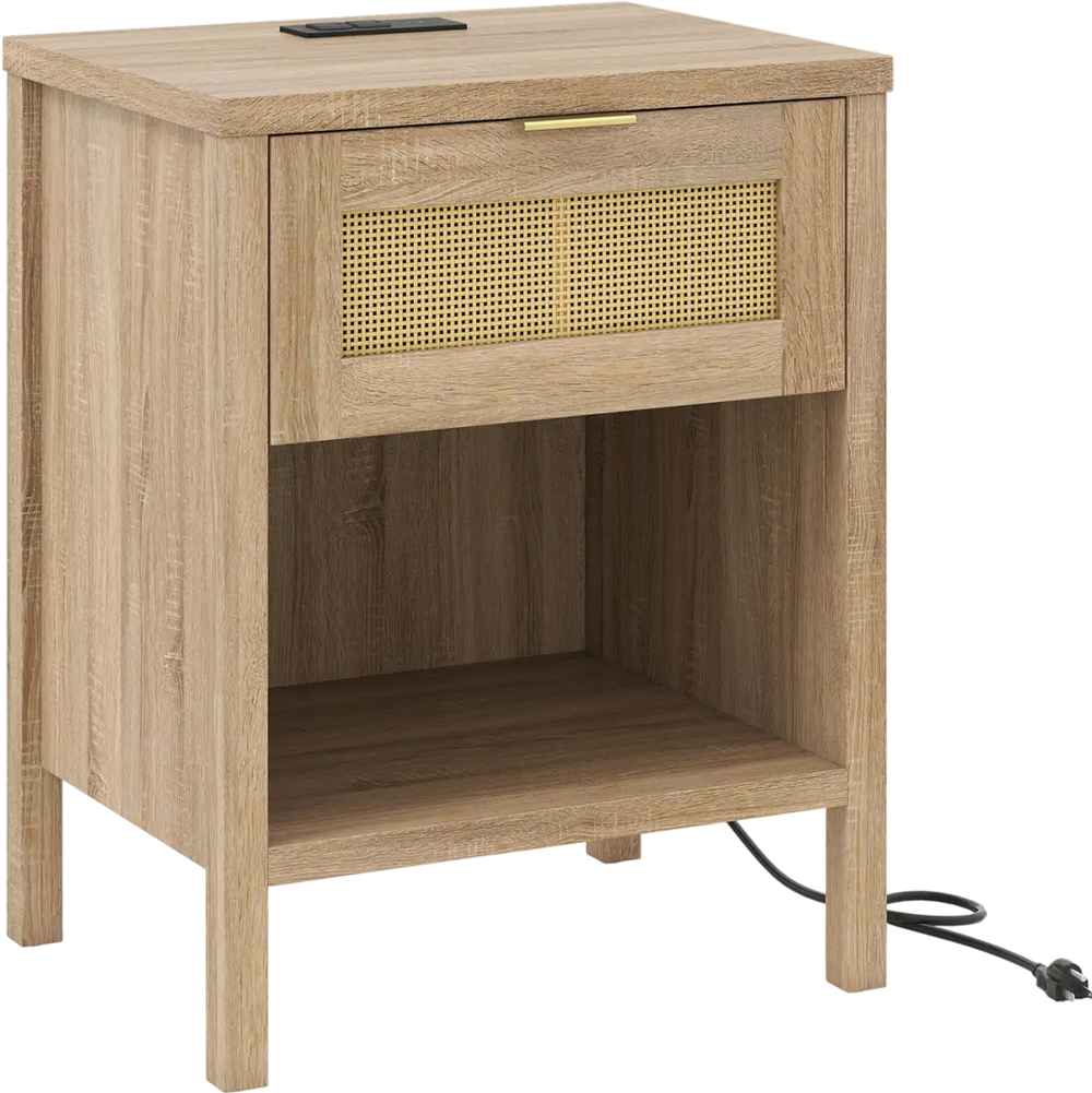 Rattan nightstand with charging station, oak finish, spacious drawer, and open shelf for organized bedroom storage.