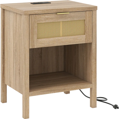 Costway Rattan Nightstand Side Table w/ Charging Station Storage Shelf 68745831 New