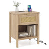 Rattan nightstand in oak with integrated charging station, spacious tabletop, and artificial rattan detailing for.