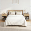 Rattan nightstand with charging station, spacious drawer, and open shelf, featuring oak finish for bedroom organization.
